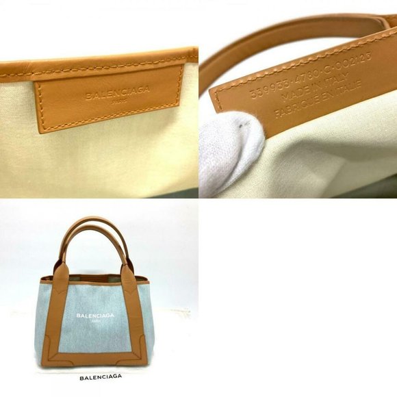 Authentic BALENCIAGA 339933 Logo print Navy Cabas S Hand Bag Tote Bag Light blue - Picture 12 of 12